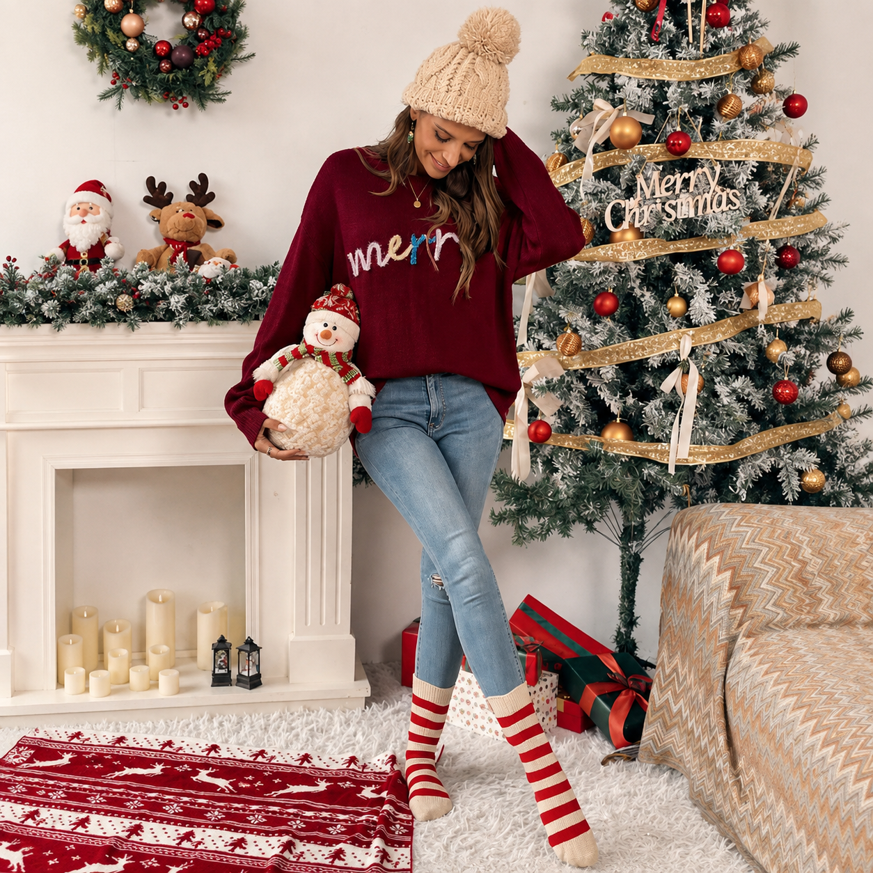Christmas Letter Pattern Long Sleeves Pullover Sweater For Women
