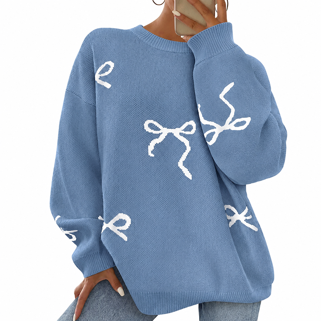 Casual Oversized Chunky Long Sleeve Bow Print Christmas Sweater For Women