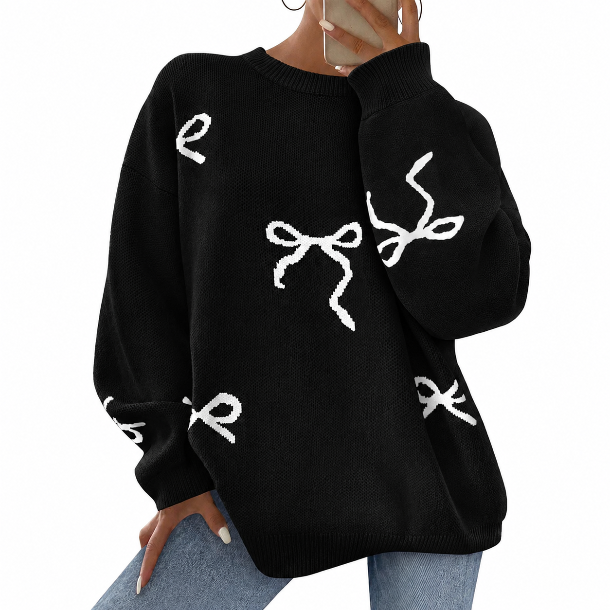 Casual Oversized Chunky Long Sleeve Bow Print Christmas Sweater For Women