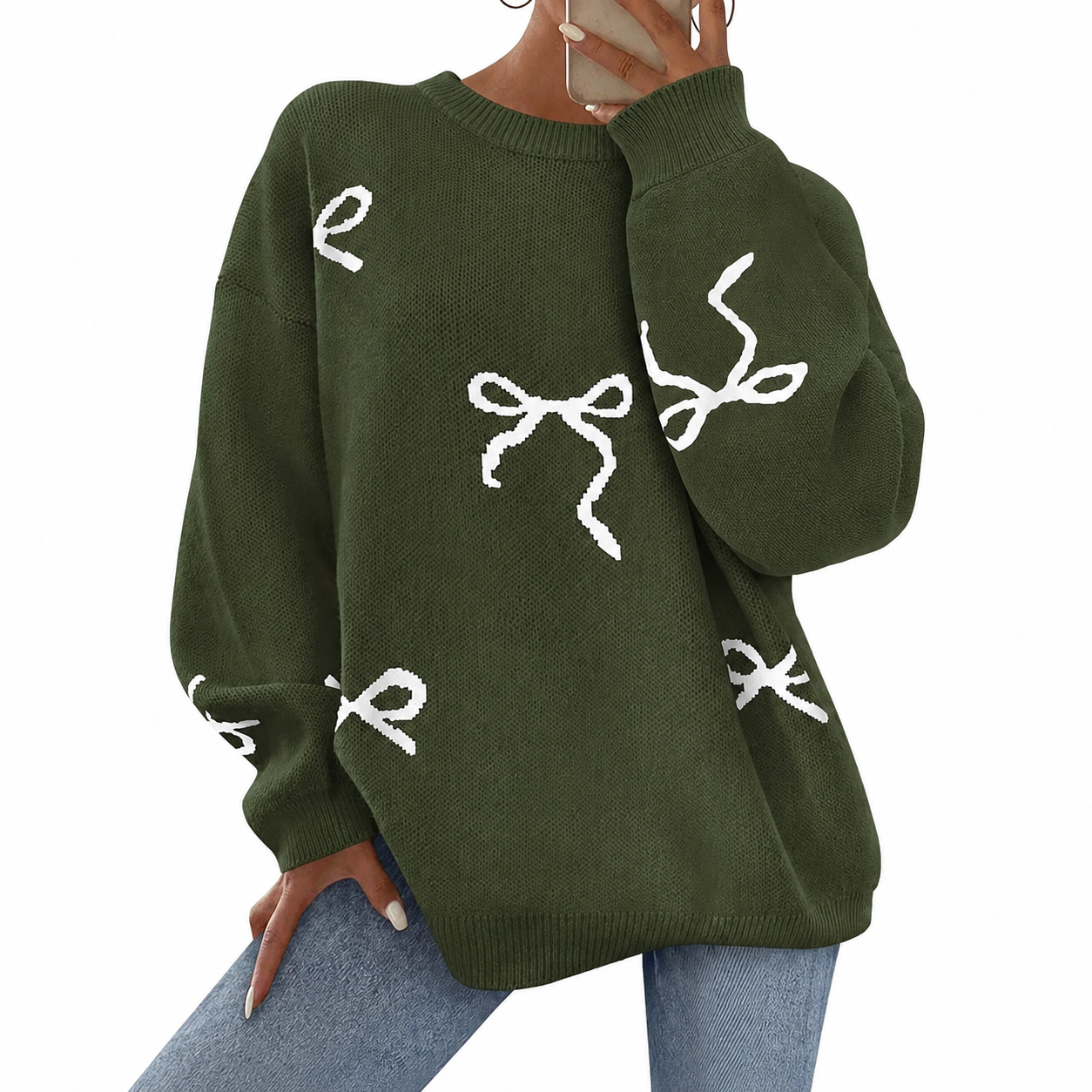 Casual Oversized Chunky Long Sleeve Bow Print Christmas Sweater For Women