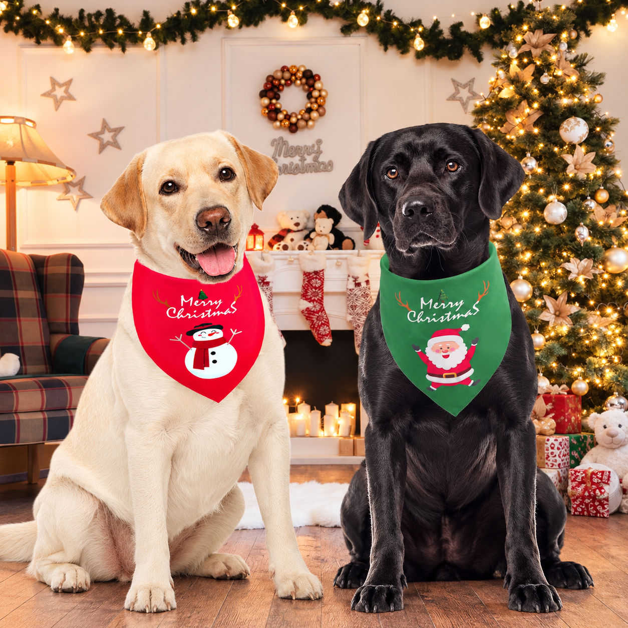 2 Piece Christmas Dog Bandanas Set for Holiday Wear