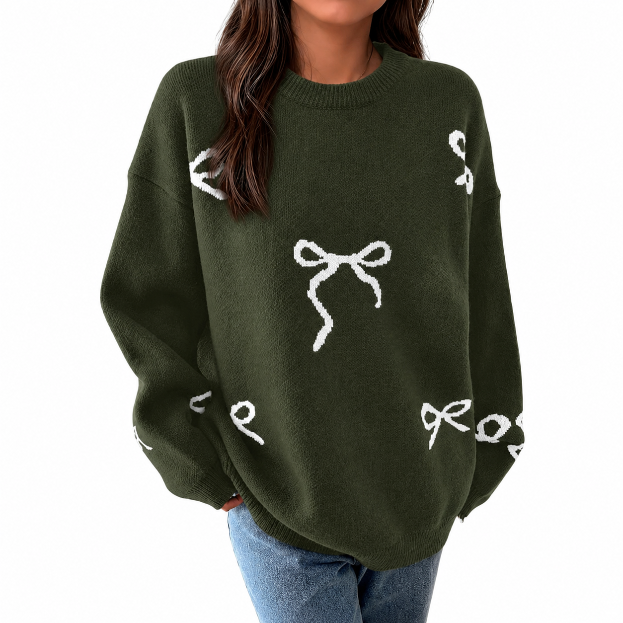 Casual Oversized Chunky Long Sleeve Bow Print Christmas Sweater For Women