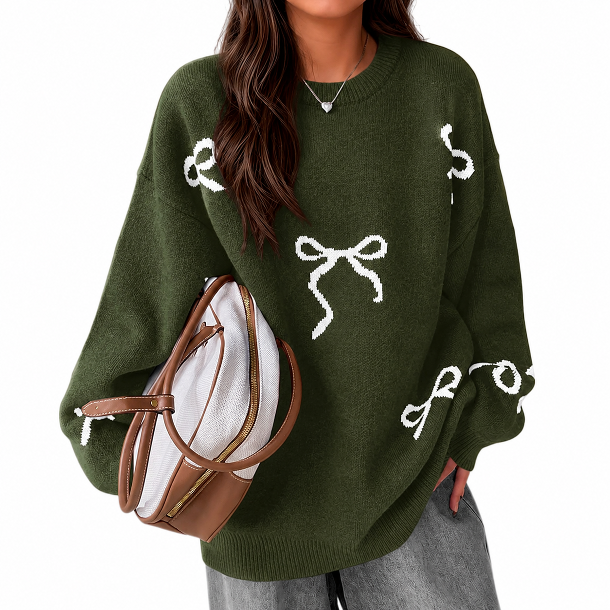 Casual Oversized Chunky Long Sleeve Bow Print Christmas Sweater For Women