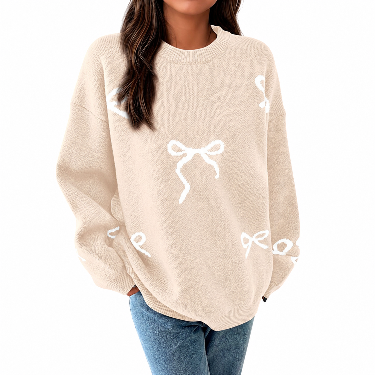 Casual Oversized Chunky Long Sleeve Bow Print Christmas Sweater For Women