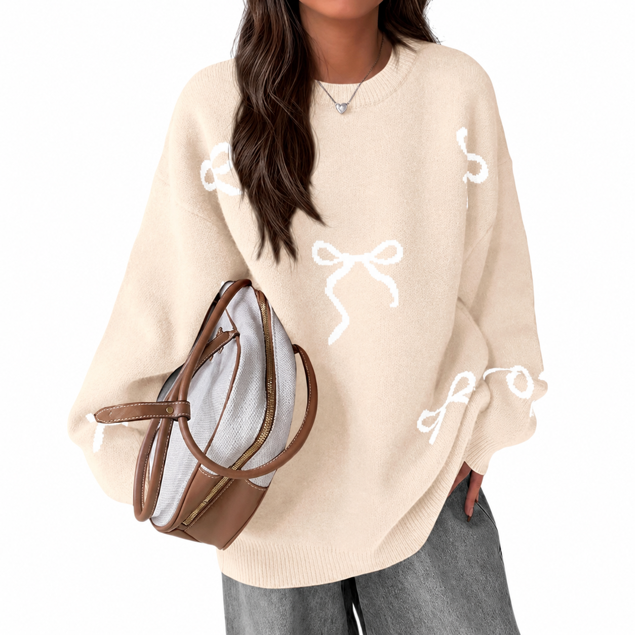 Casual Oversized Chunky Long Sleeve Bow Print Christmas Sweater For Women