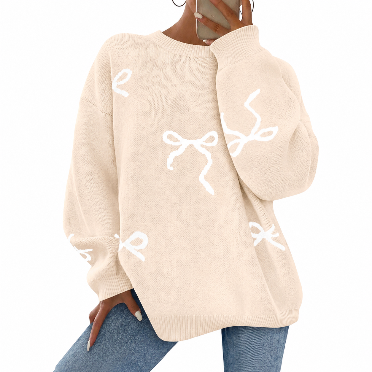 Casual Oversized Chunky Long Sleeve Bow Print Christmas Sweater For Women