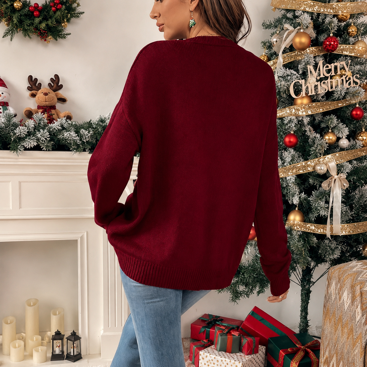 Christmas Letter Pattern Long Sleeves Pullover Sweater For Women