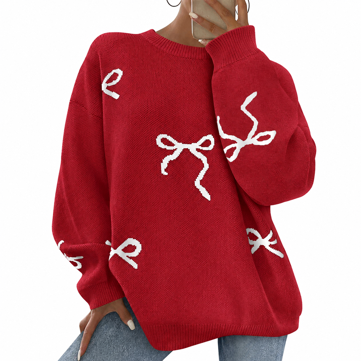 Casual Oversized Chunky Long Sleeve Bow Print Christmas Sweater For Women