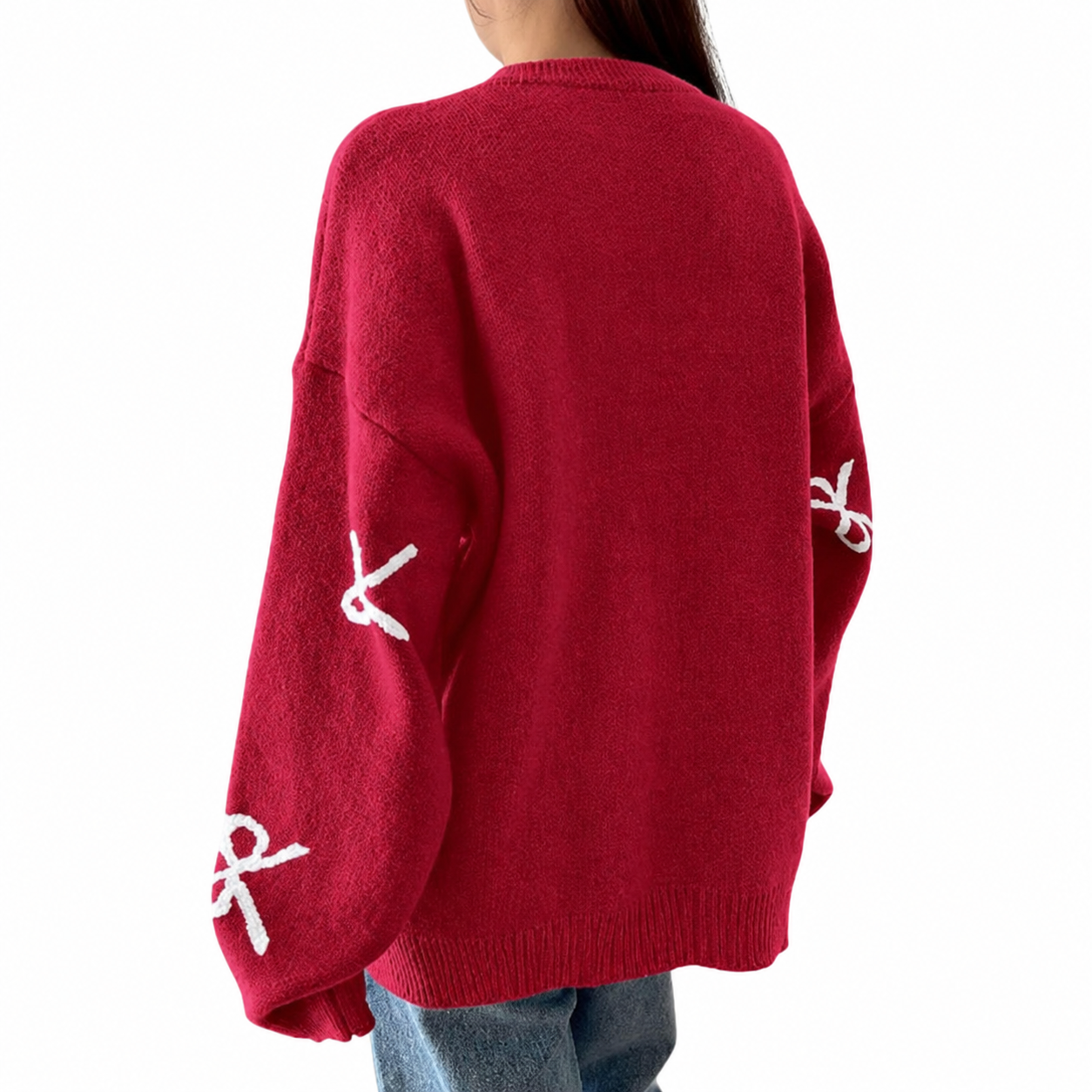 Casual Oversized Chunky Long Sleeve Bow Print Christmas Sweater For Women