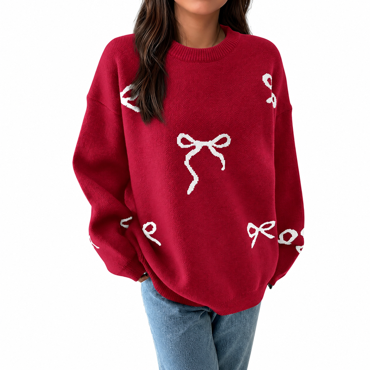 Casual Oversized Chunky Long Sleeve Bow Print Christmas Sweater For Women