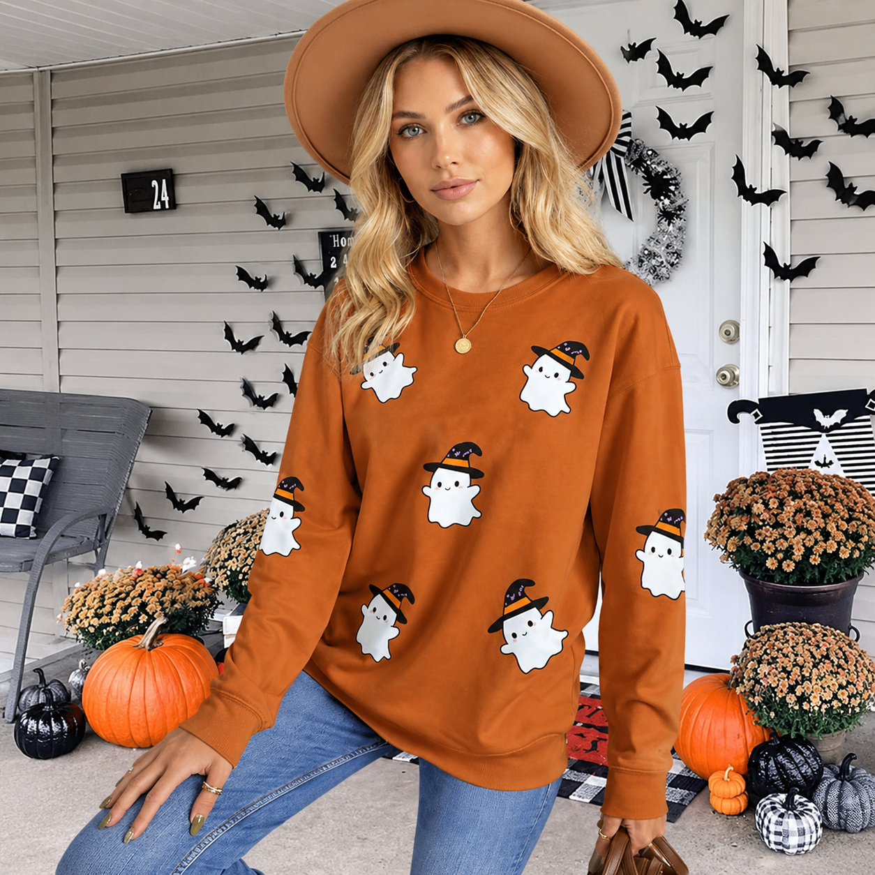 Halloween Graphic Long Sleeve Pullover Sweatshirt for Women