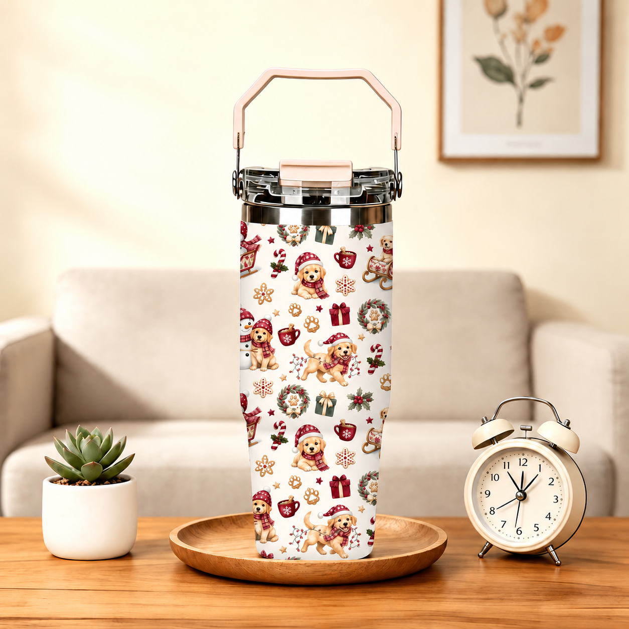 30oz Printed Christmas Tumbler With Foldable Handle With Flip Lid