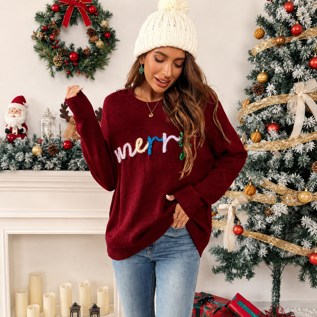 Christmas Letter Pattern Long Sleeves Pullover Sweater For Women