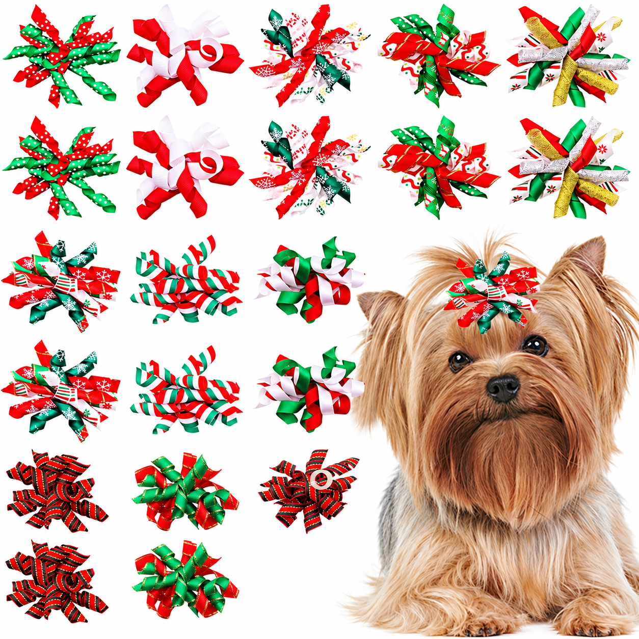 20 Piece Christmas Dog Bow Set with Rubber Bands