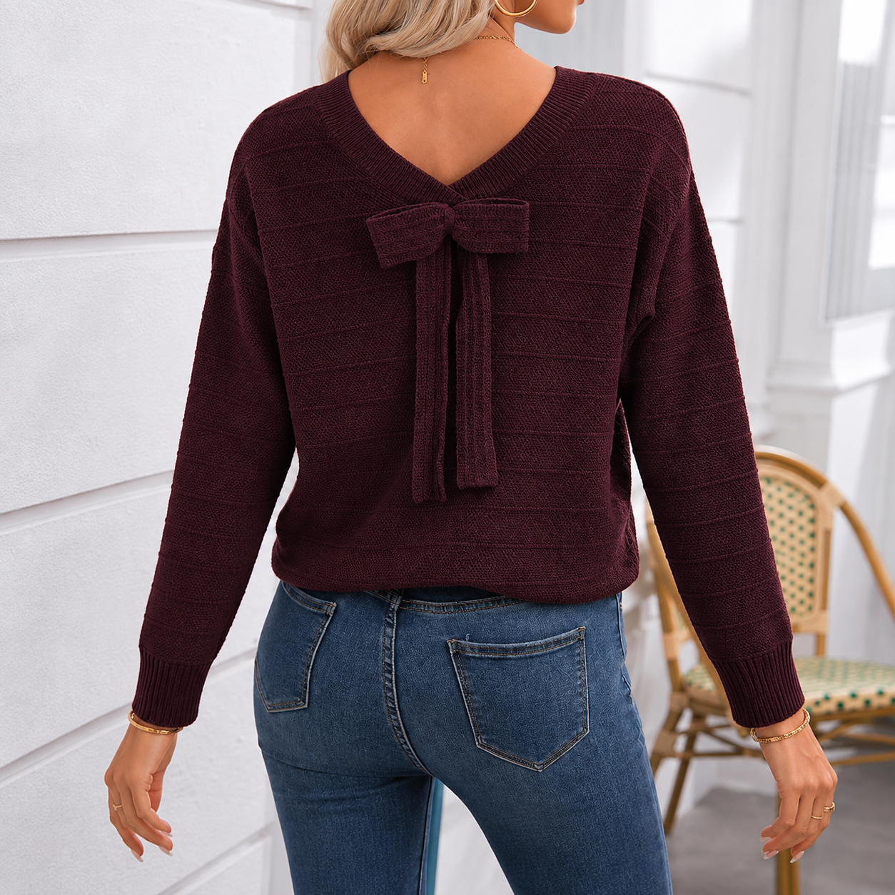 Back Bow Detail Knit Pullover Sweater with Classic Casual Styling for Women