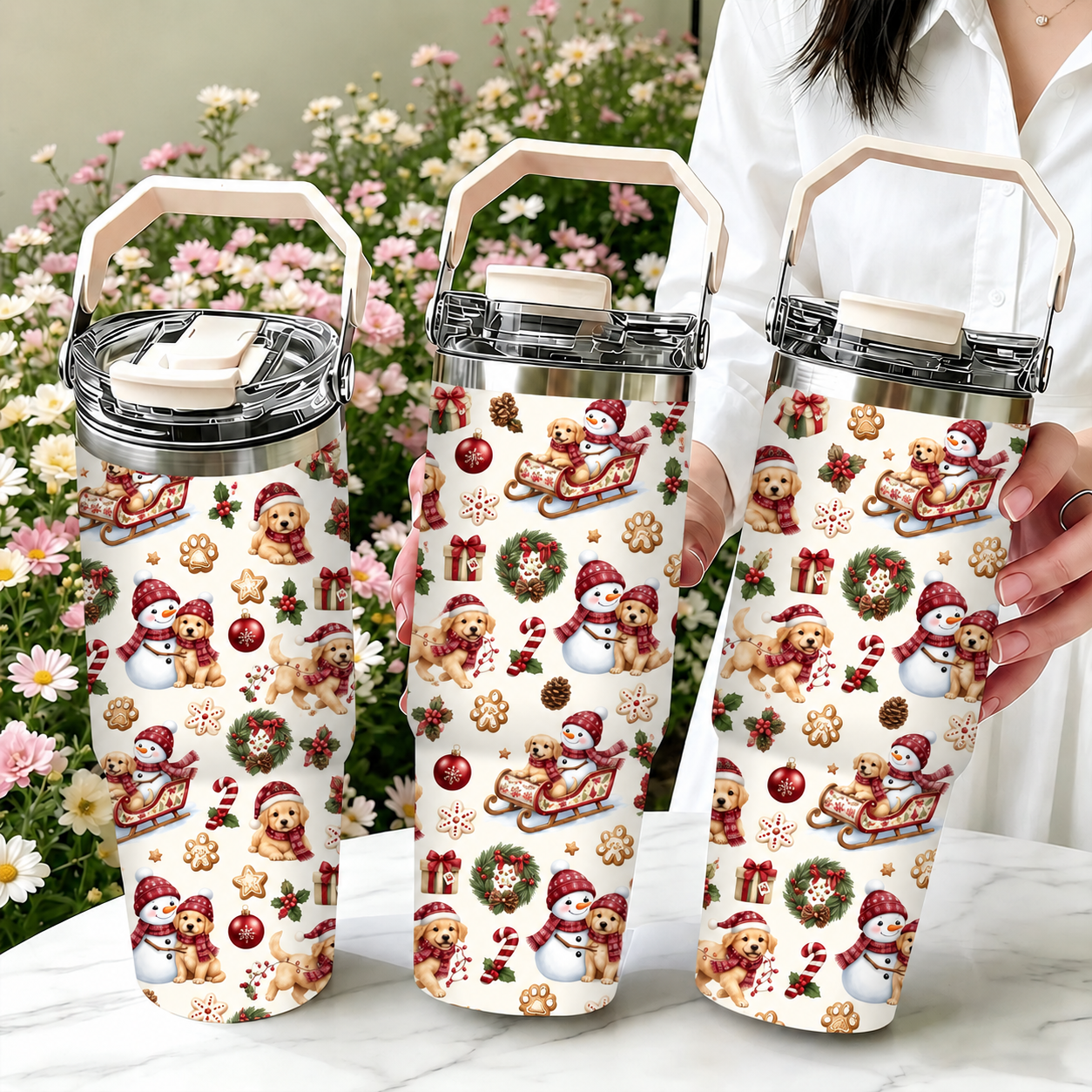 30oz Printed Christmas Tumbler With Foldable Handle With Flip Lid