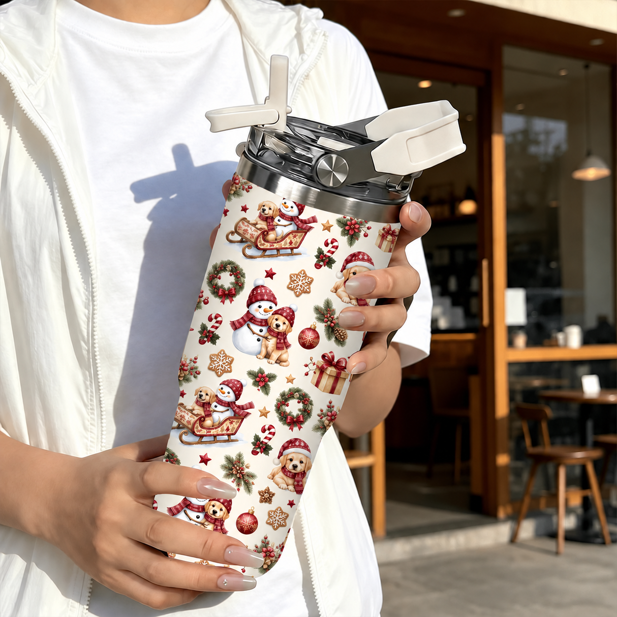 30oz Printed Christmas Tumbler With Foldable Handle With Flip Lid