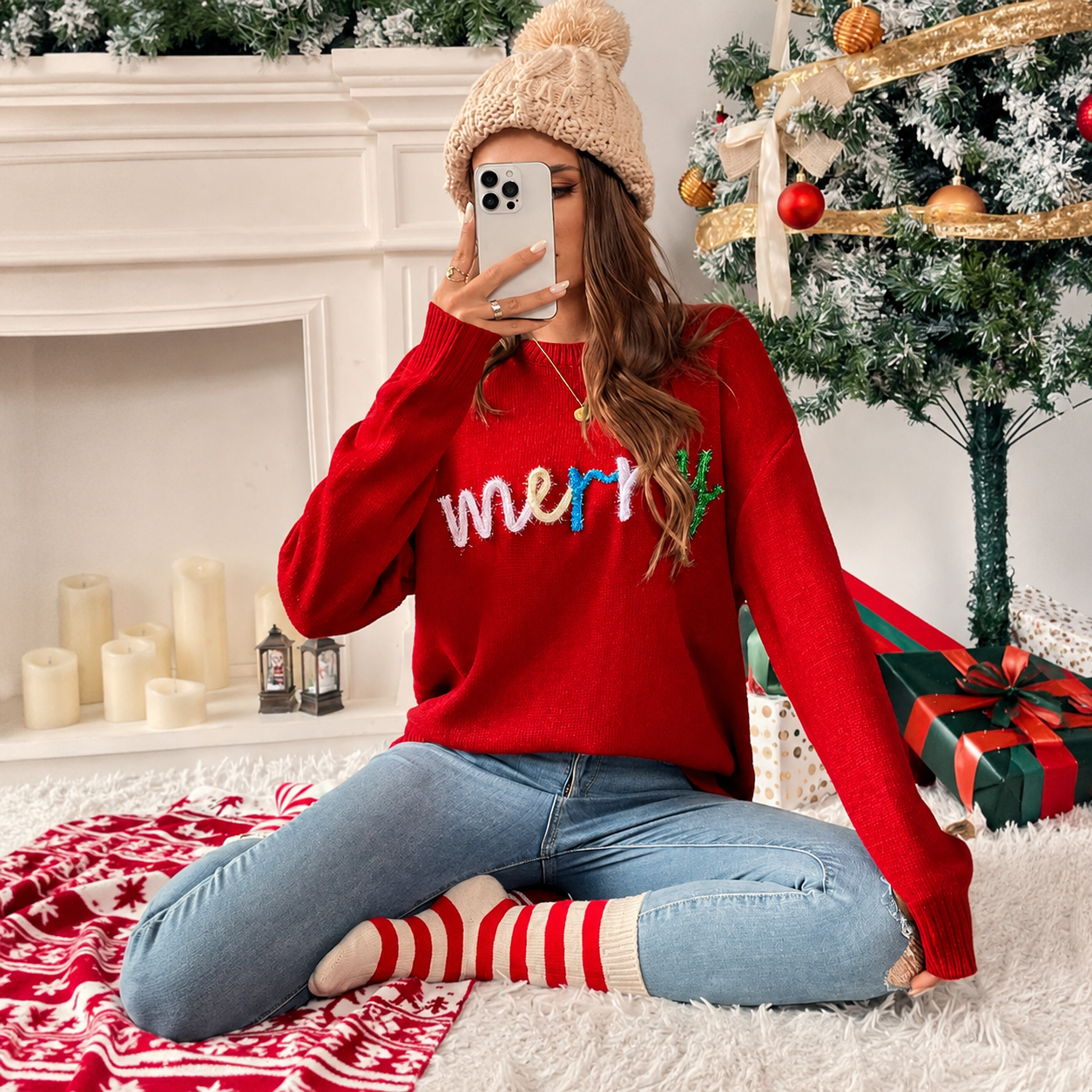 Christmas Letter Pattern Long Sleeves Pullover Sweater For Women