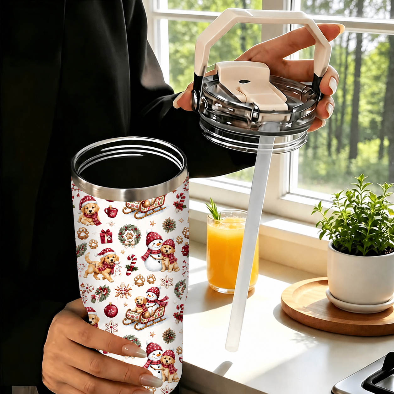 30oz Printed Christmas Tumbler With Foldable Handle With Flip Lid