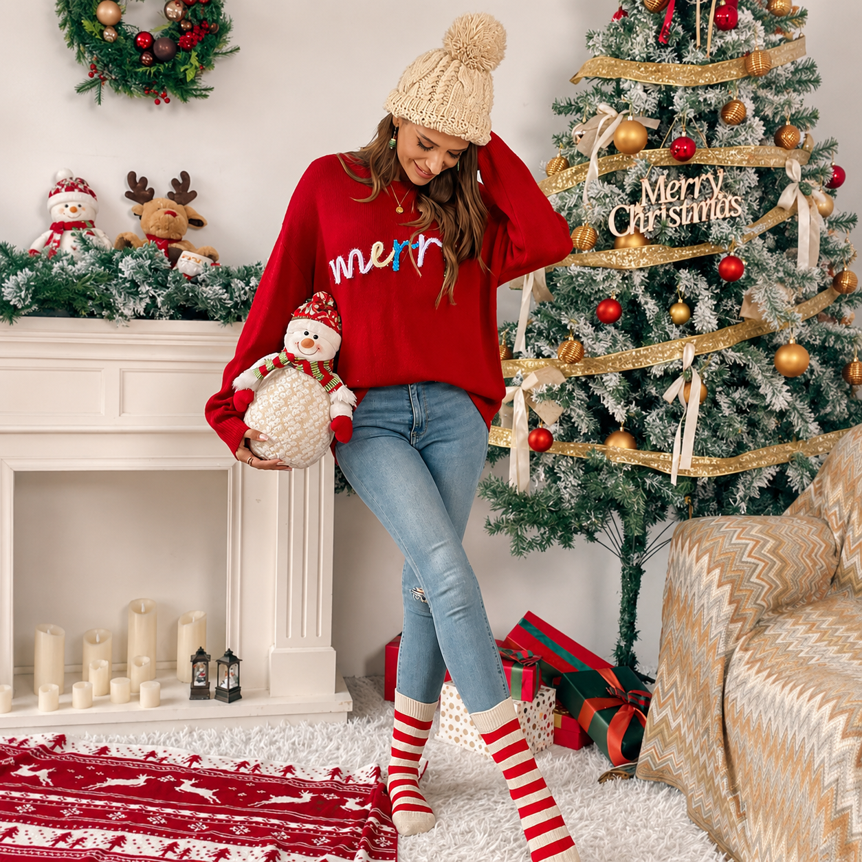 Christmas Letter Pattern Long Sleeves Pullover Sweater For Women