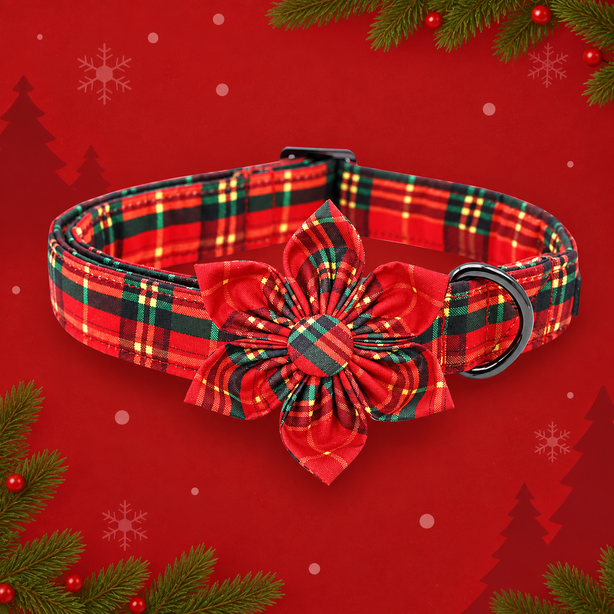 Christmas Dog Collar with Adjustable Plaid Design