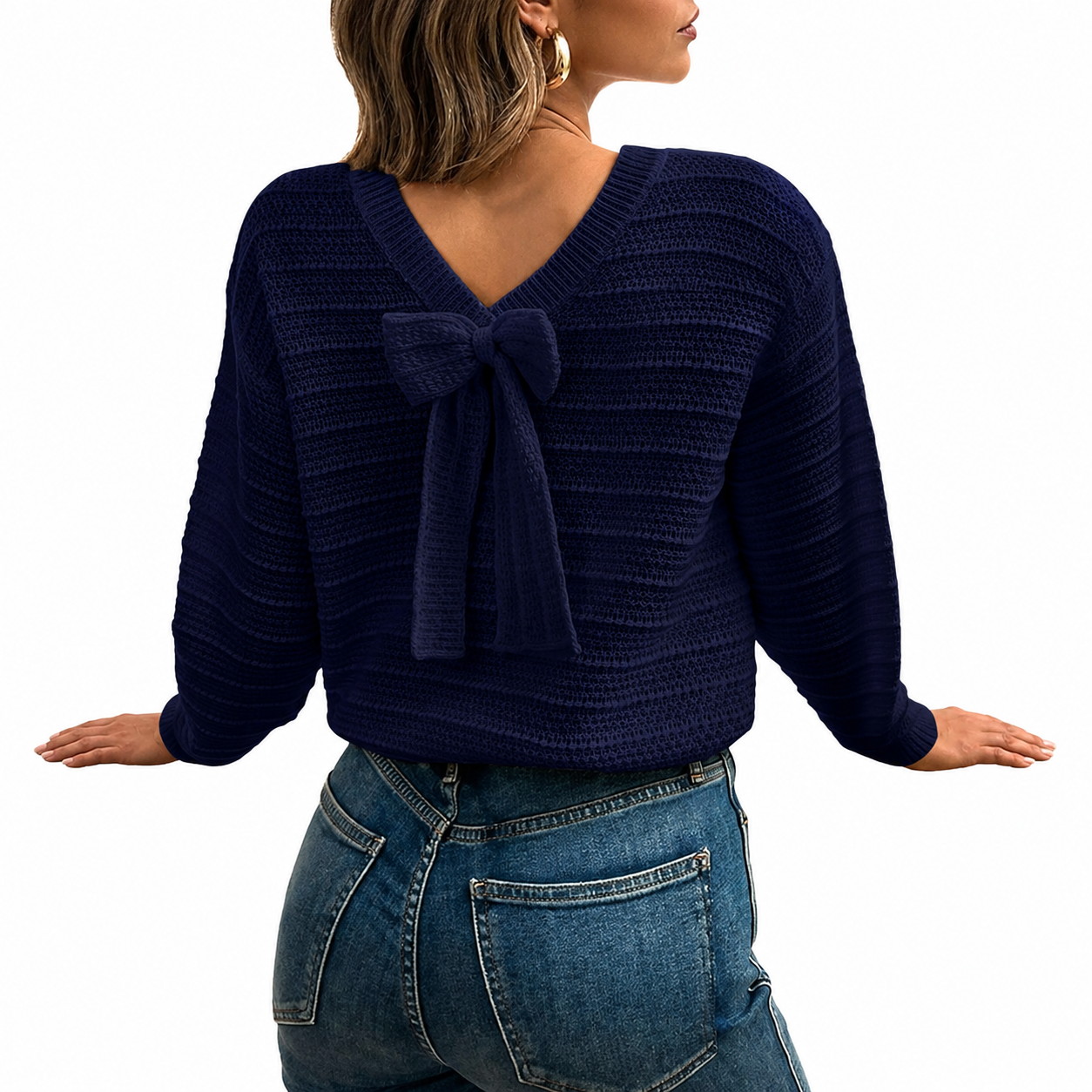 Back Bow Detail Knit Pullover Sweater with Classic Casual Styling for Women