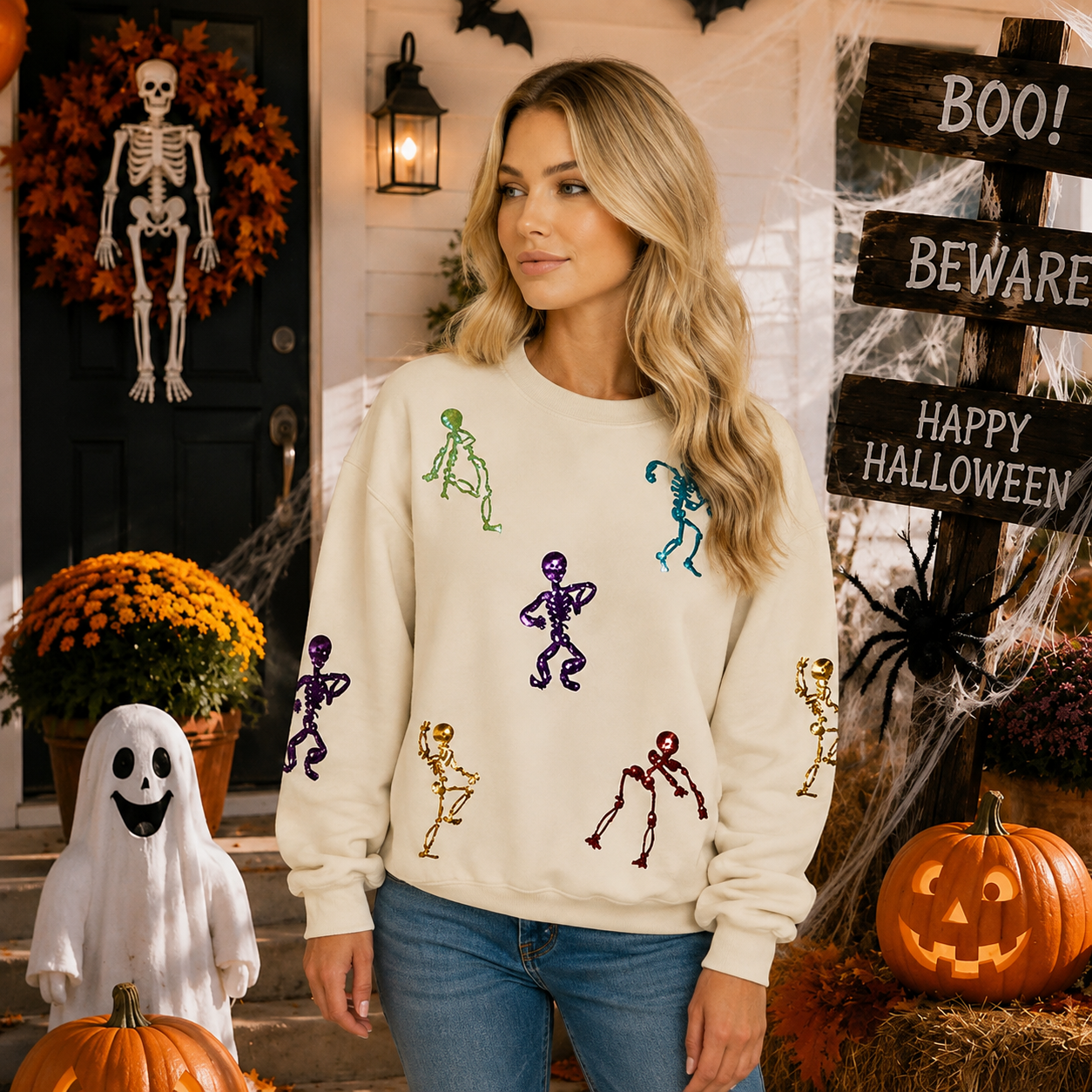 Halloween Graphic Long Sleeve Pullover Sweatshirt for Women