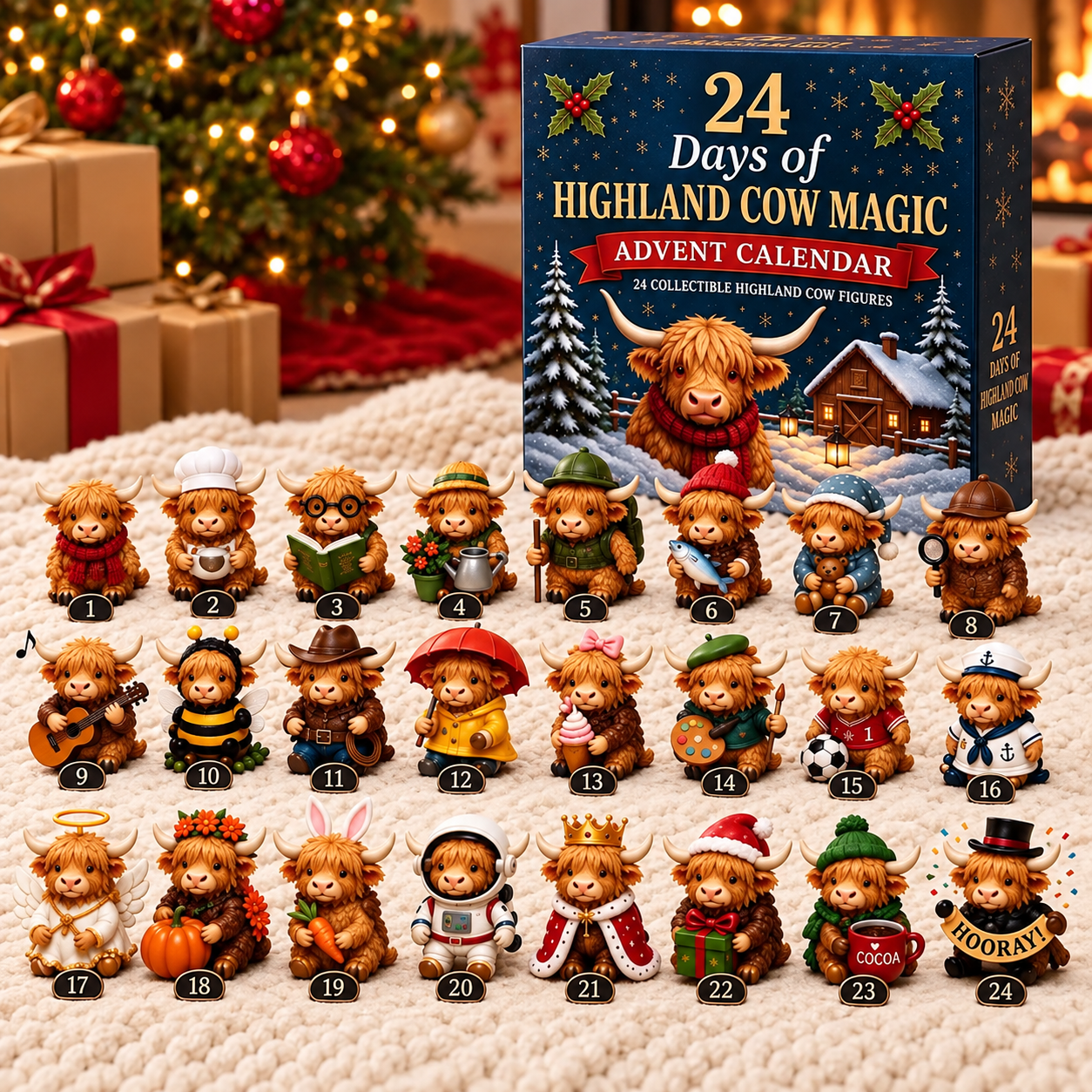 Highland Cow 24 Day Christmas Countdown Advent Calendar Figurine Set For Kids