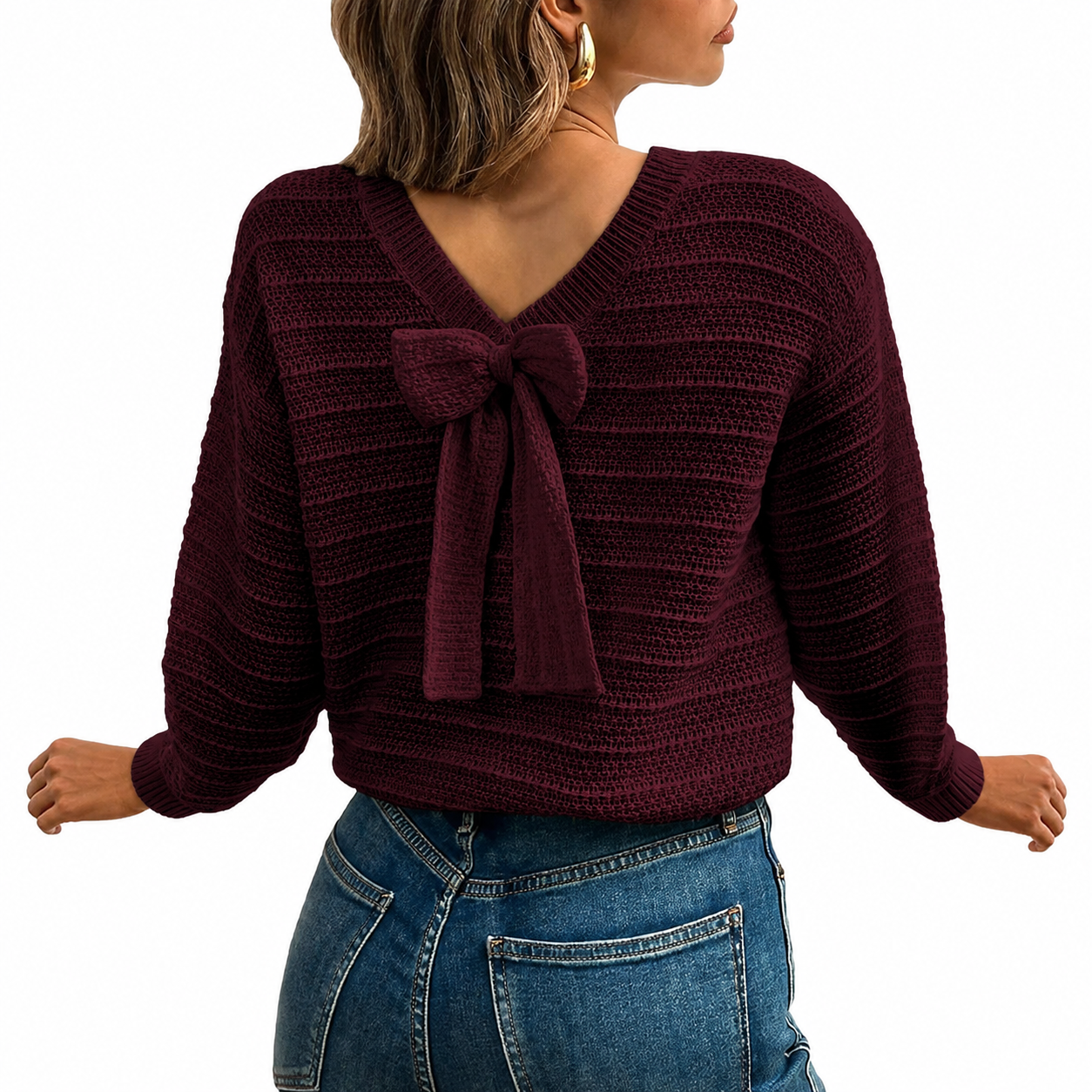 Back Bow Detail Knit Pullover Sweater with Classic Casual Styling for Women