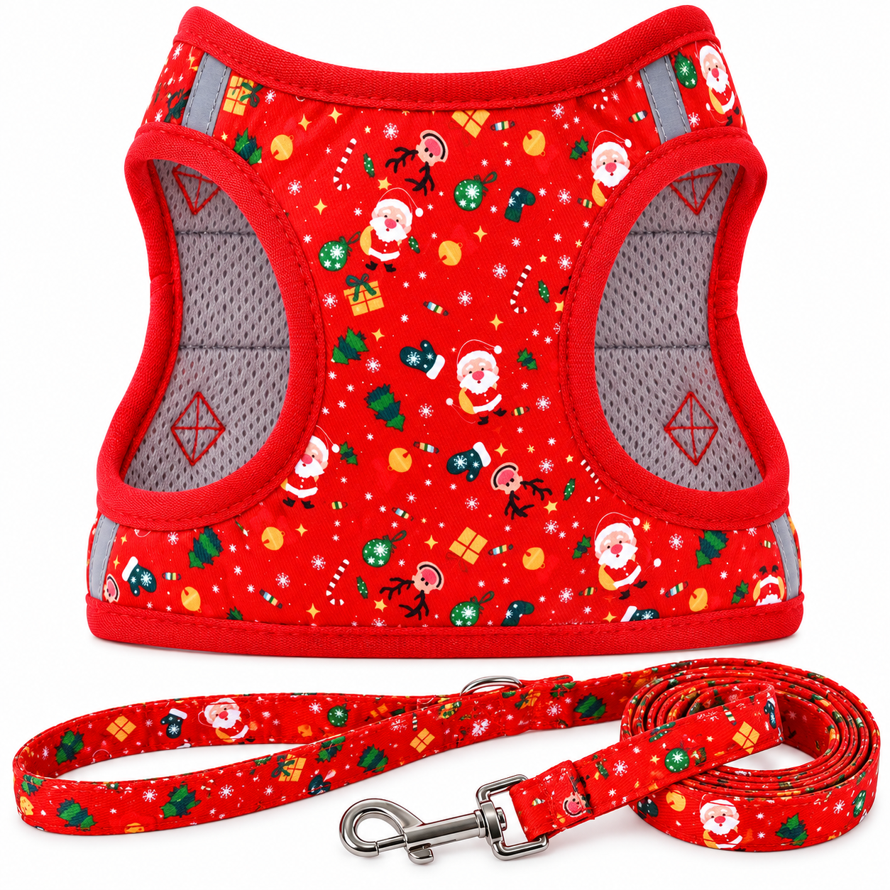 Christmas Dog Harness and Leash Set Reflective No Pull Padded Mesh