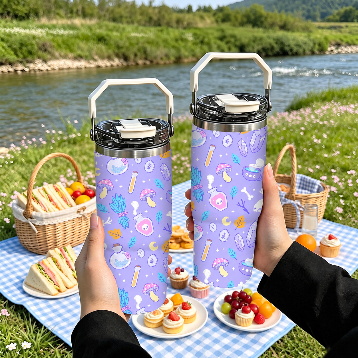 30oz Printed Christmas Tumbler With Foldable Handle With Flip Lid