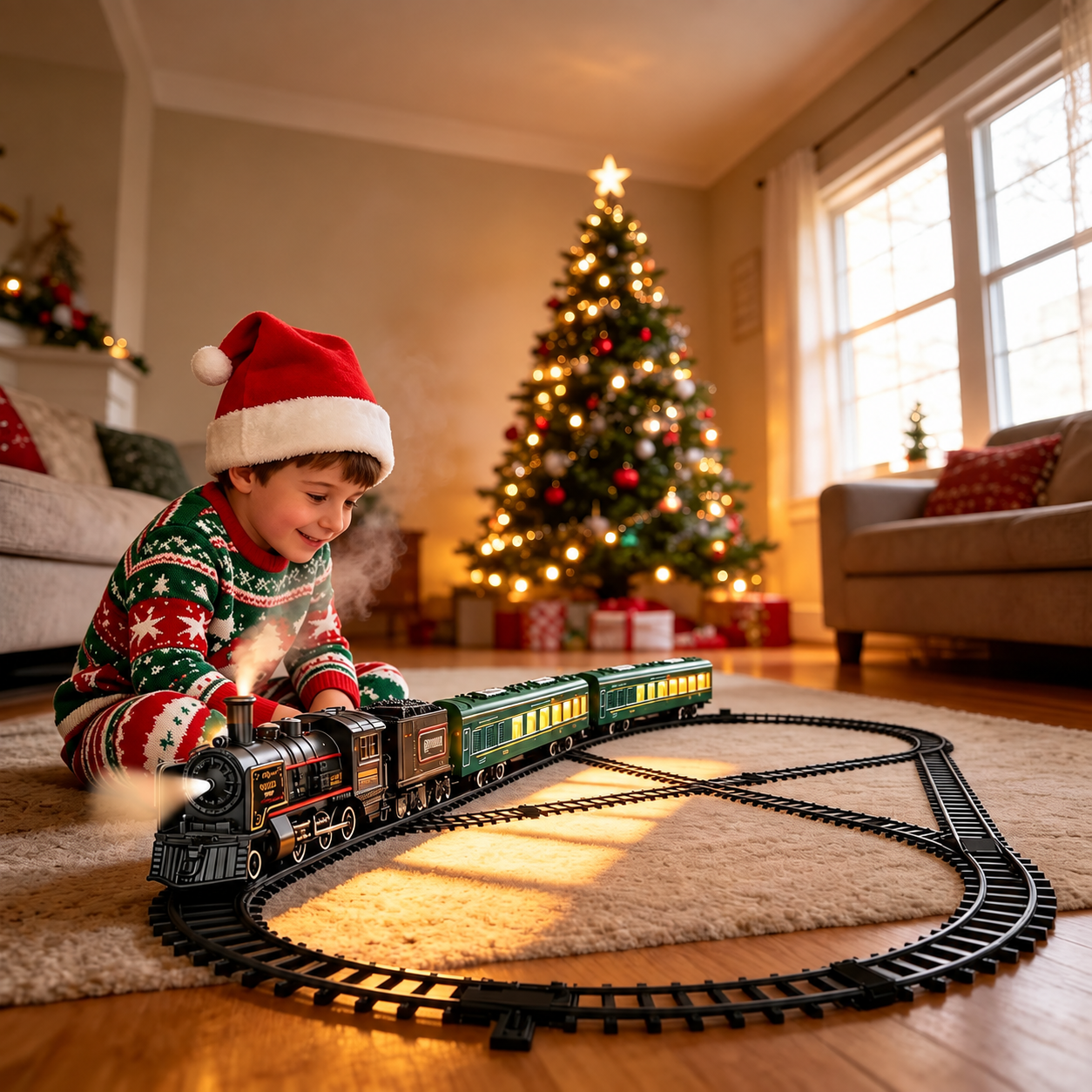 Christmas Remote Control Electric Train Set With Carriages Lights And Sounds
