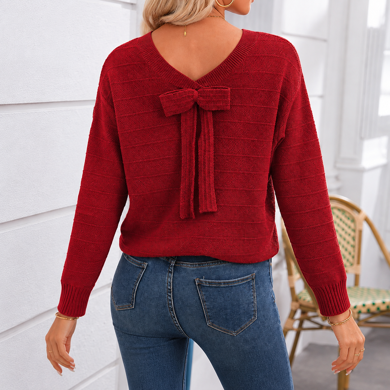 Back Bow Detail Knit Pullover Sweater with Classic Casual Styling for Women