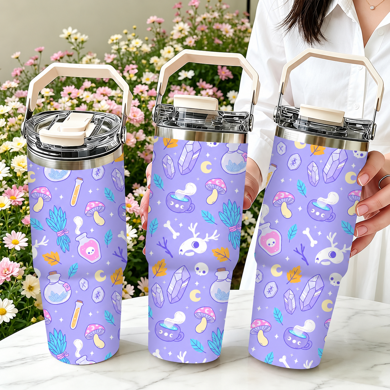 30oz Printed Christmas Tumbler With Foldable Handle With Flip Lid
