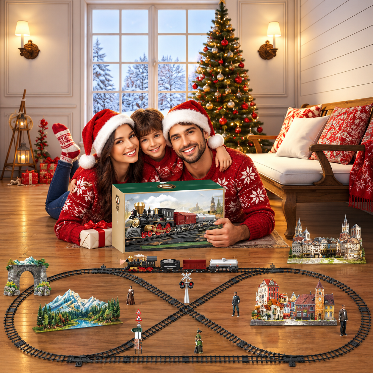 Christmas Remote Control Electric Train Set With Carriages Lights And Sounds