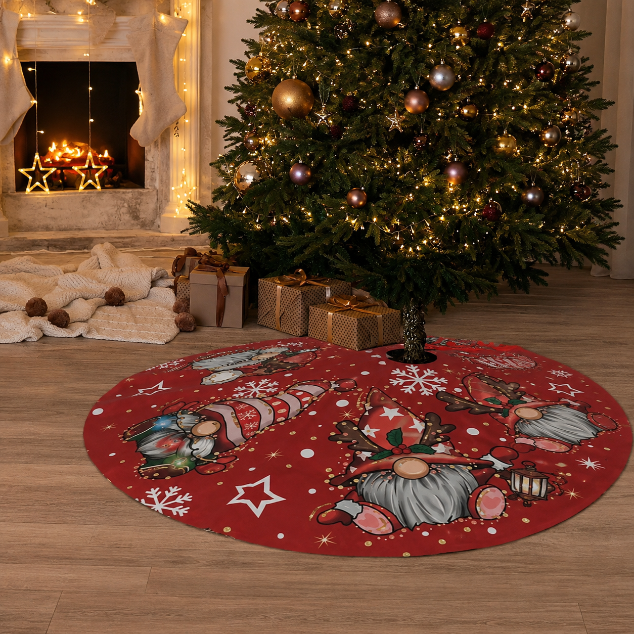 Round Christmas Printed Tree Skirt with Snowflake and Reindeer Border Design