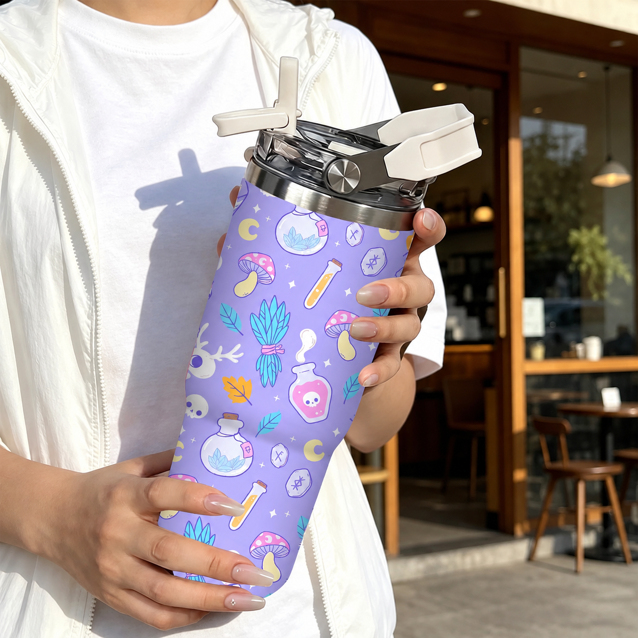 30oz Printed Christmas Tumbler With Foldable Handle With Flip Lid