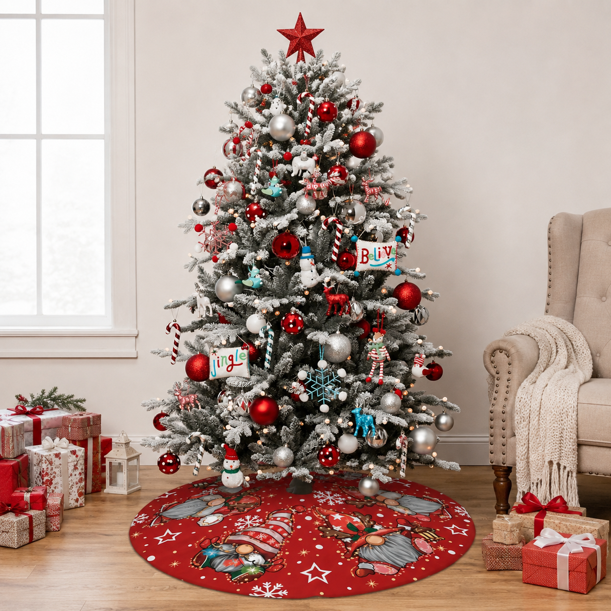 Round Christmas Printed Tree Skirt with Snowflake and Reindeer Border Design