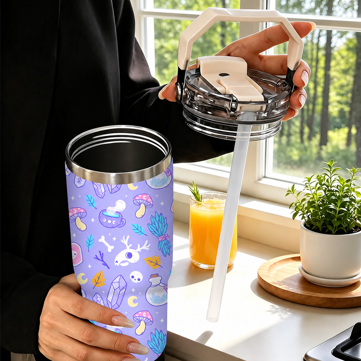 30oz Printed Christmas Tumbler With Foldable Handle With Flip Lid