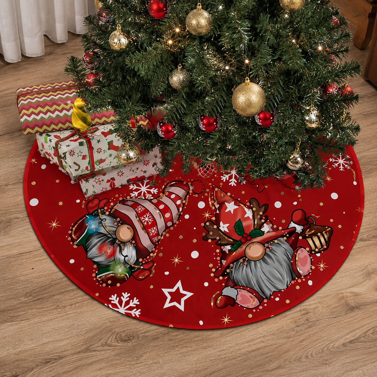 Round Christmas Printed Tree Skirt with Snowflake and Reindeer Border Design