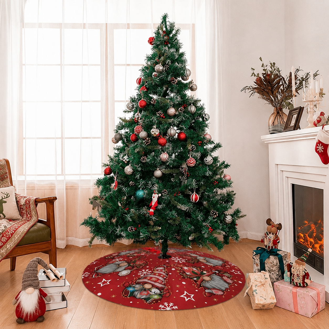 Round Christmas Printed Tree Skirt with Snowflake and Reindeer Border Design
