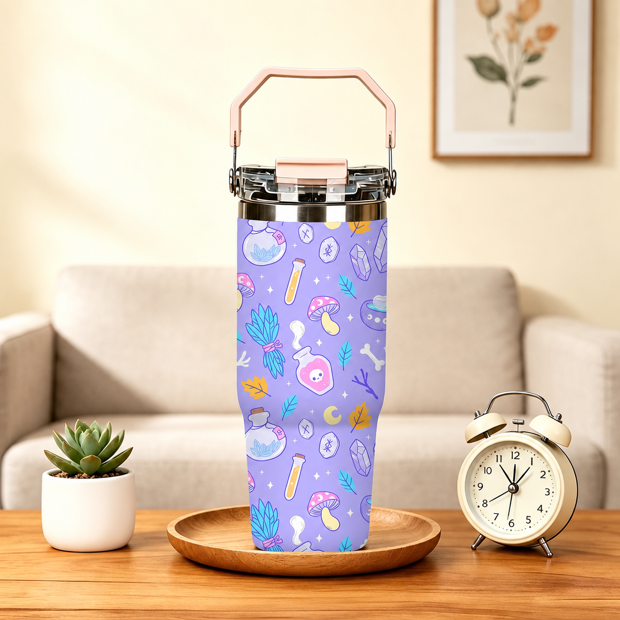 30oz Printed Christmas Tumbler With Foldable Handle With Flip Lid