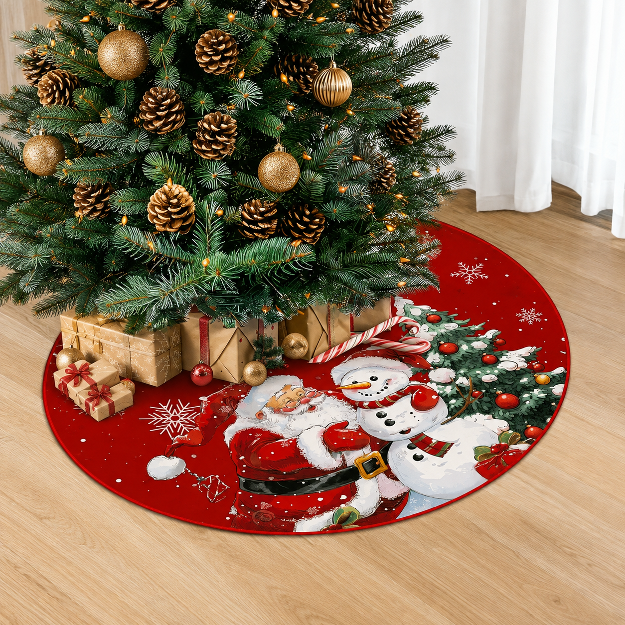 Round Christmas Printed Tree Skirt with Snowflake and Reindeer Border Design