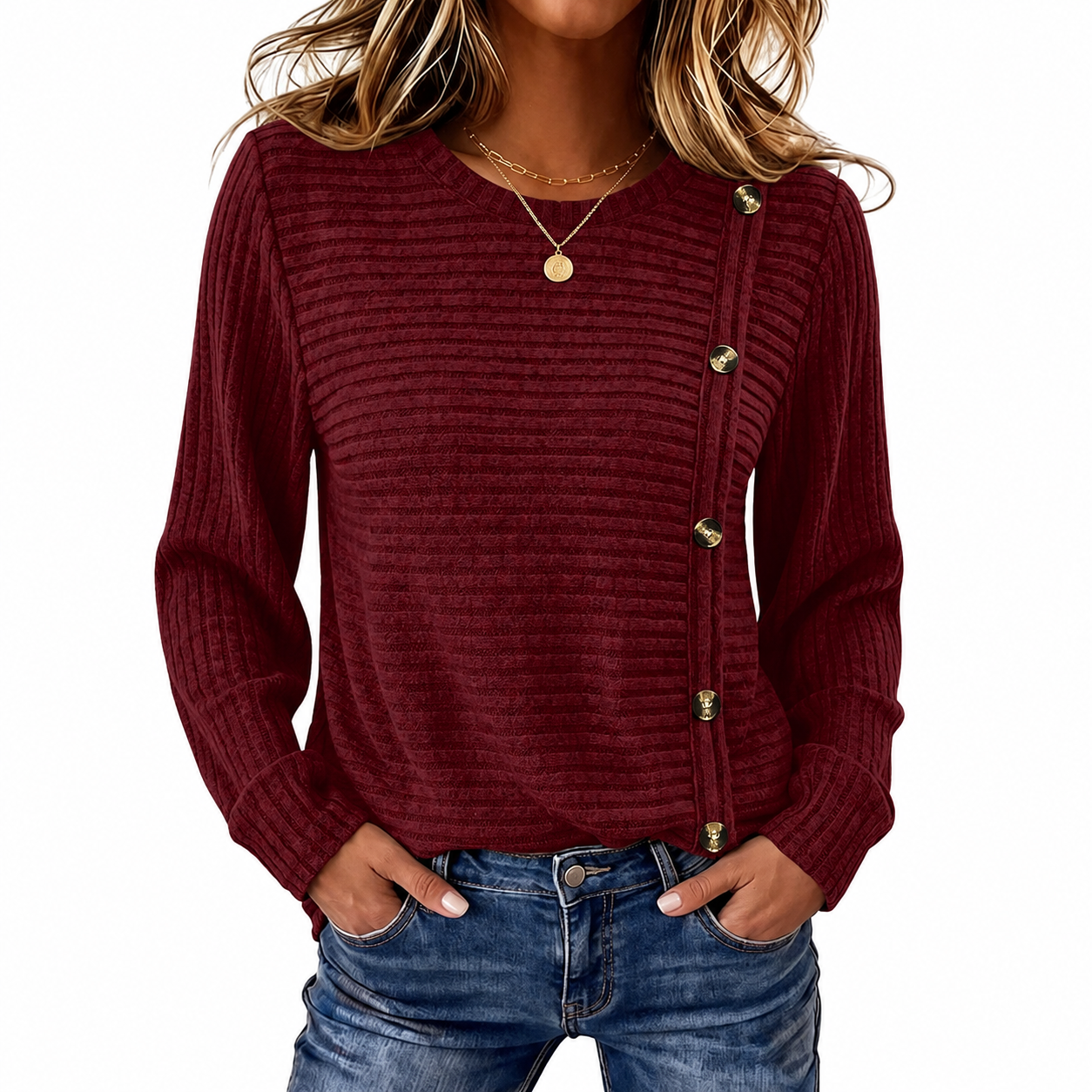 Ribbed Button Detail Knit Pullover Sweater for Women