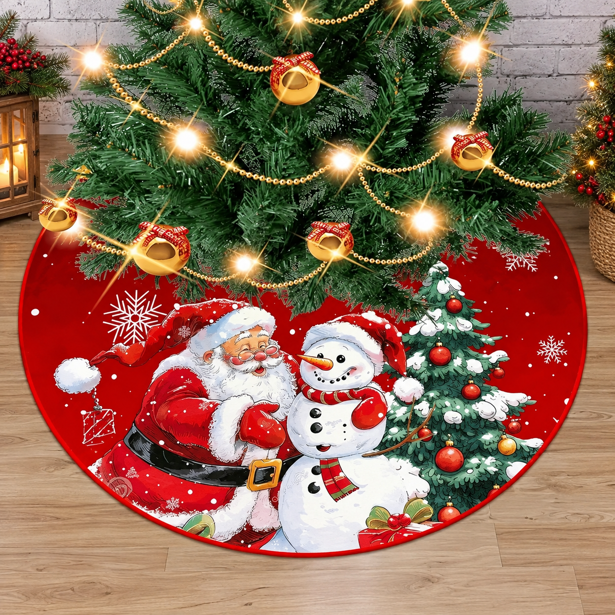 Round Christmas Printed Tree Skirt with Snowflake and Reindeer Border Design