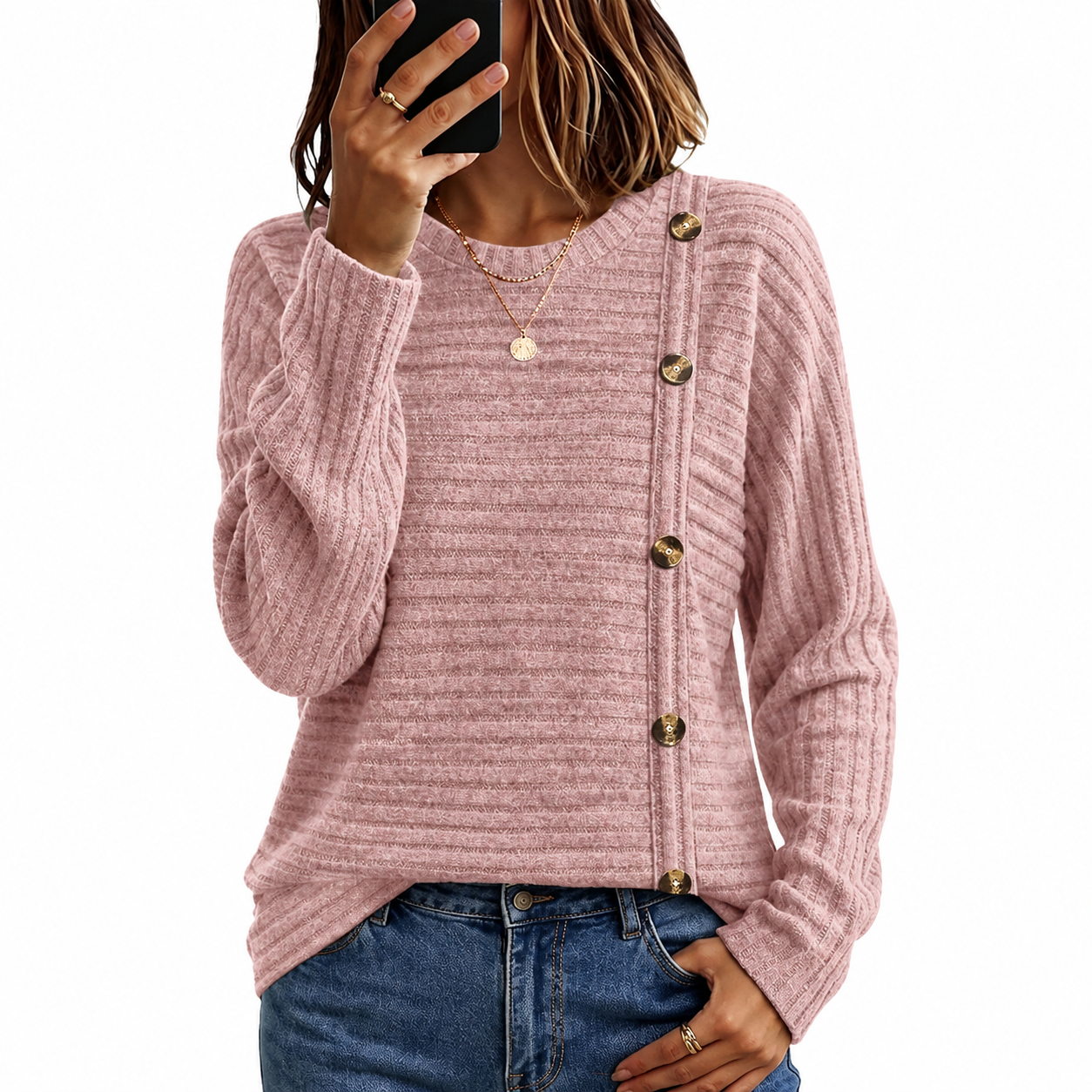 Ribbed Button Detail Knit Pullover Sweater for Women