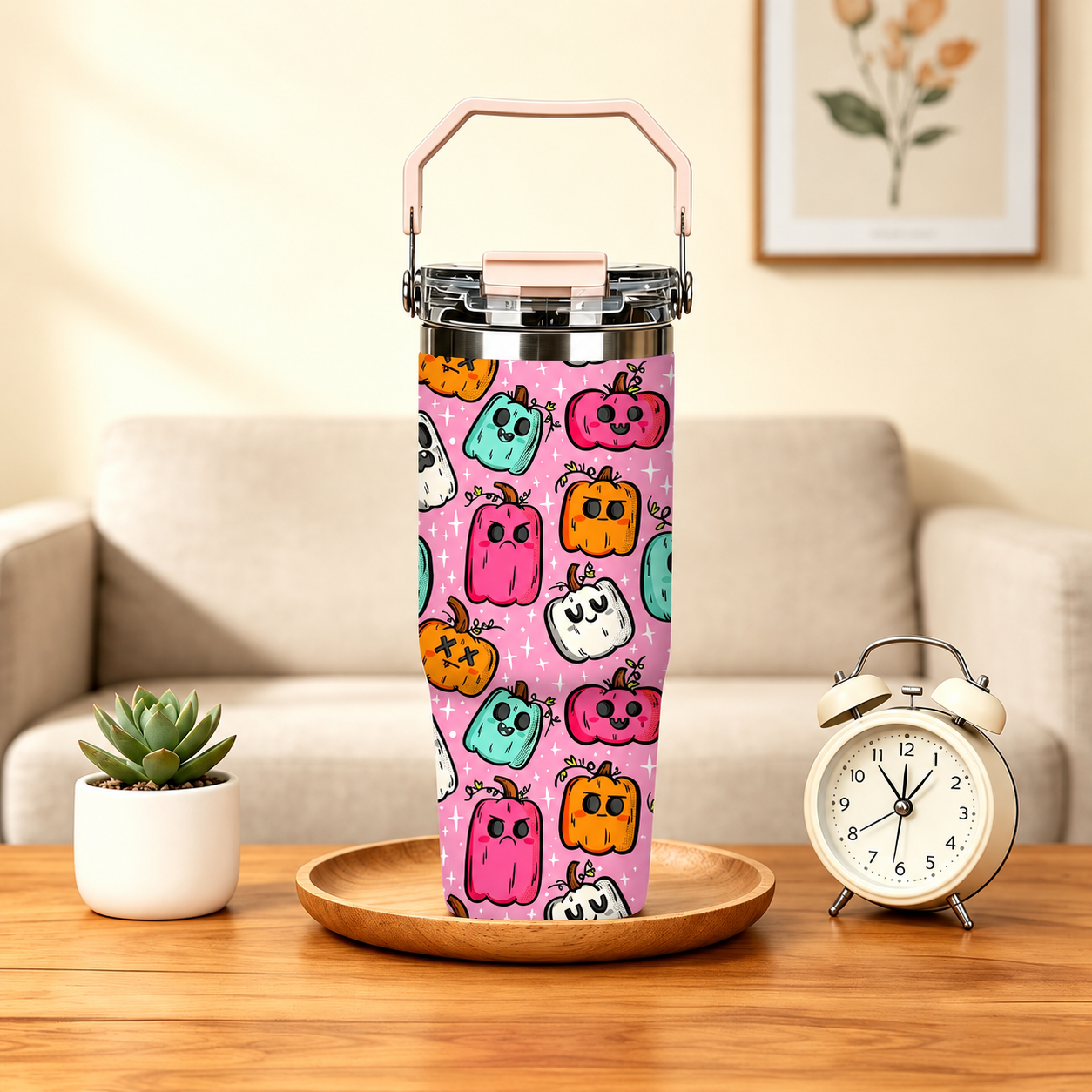 30oz Printed Christmas Tumbler With Foldable Handle With Flip Lid