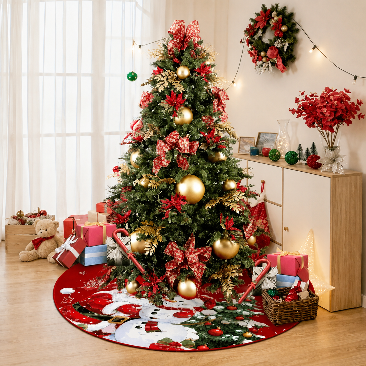 Round Christmas Printed Tree Skirt with Snowflake and Reindeer Border Design