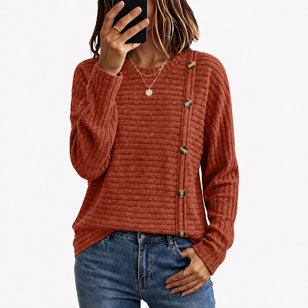 Ribbed Button Detail Knit Pullover Sweater for Women
