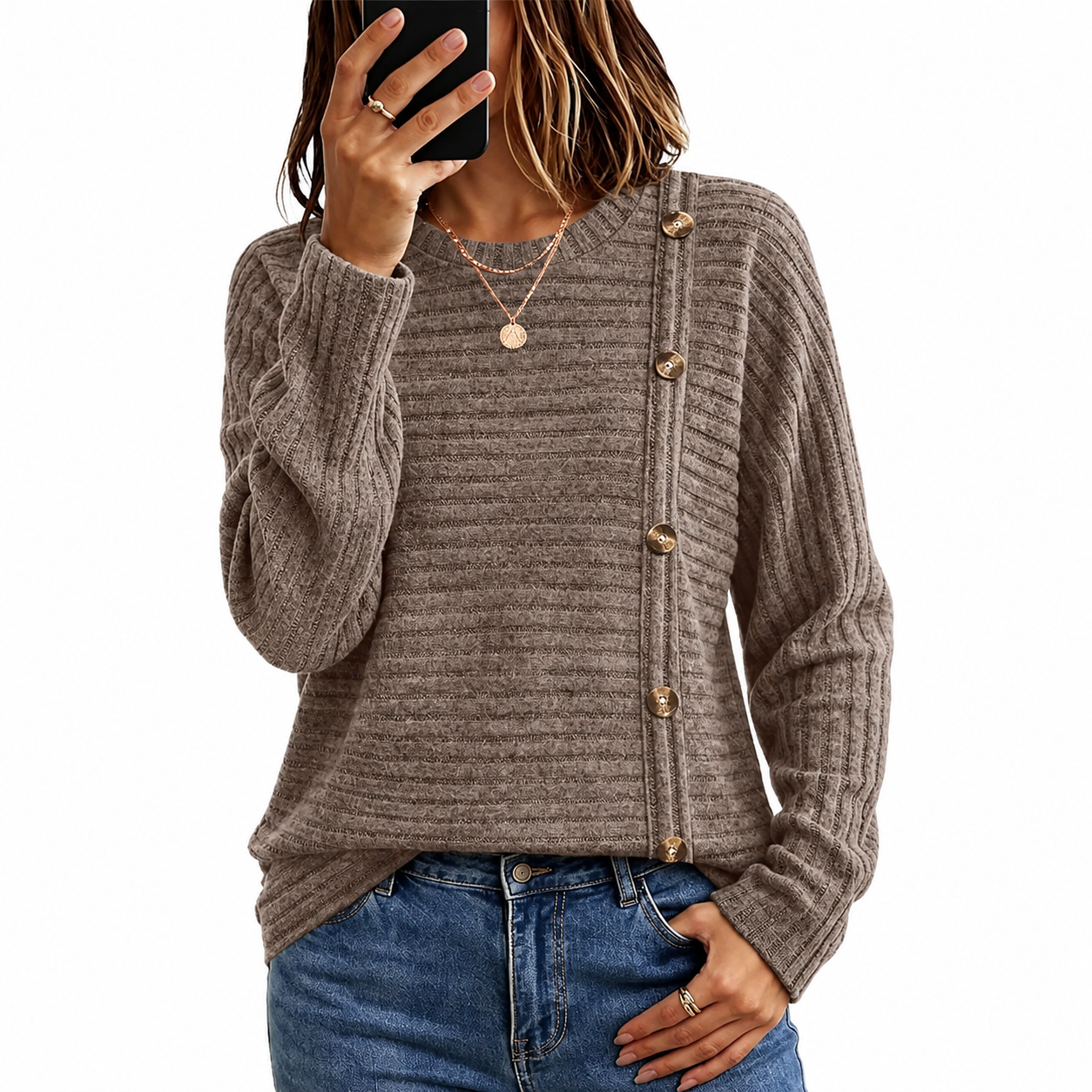Ribbed Button Detail Knit Pullover Sweater for Women